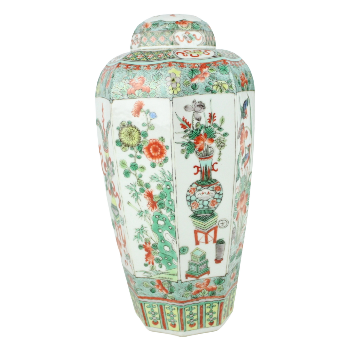 Late Qing Chinese Polychrome Porcelain Lidded Vase – Famille Verte/Rose Transitional Palette (c. 1860–1900)