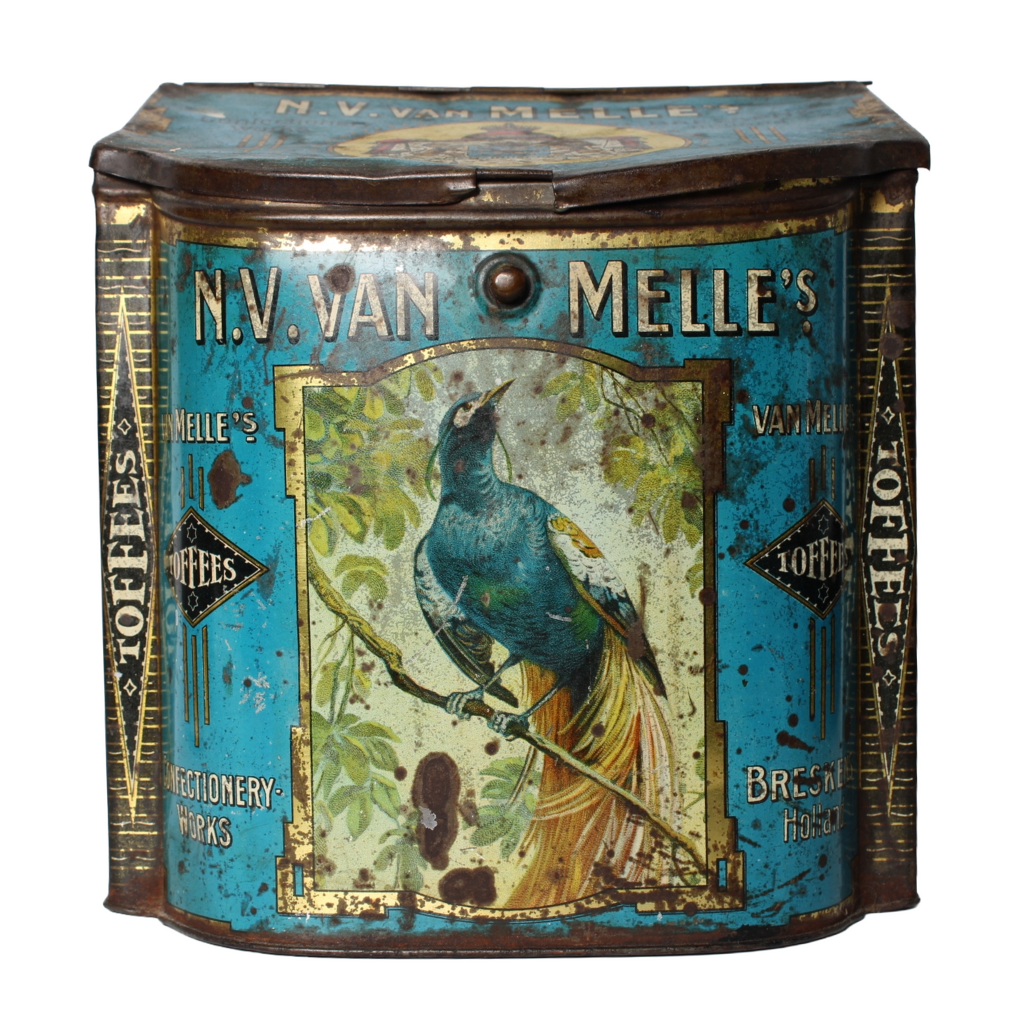 Zeldzaam antiek Van Melle reclameblik met exotische vogels – Breskens ca. 1920