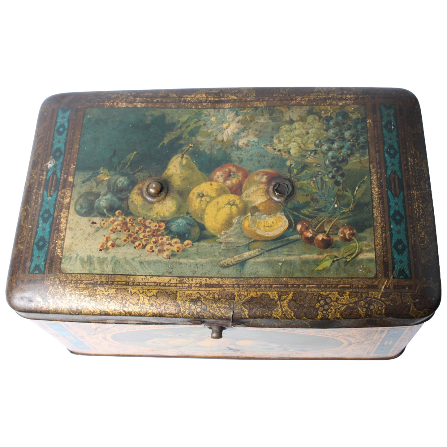 Antique Tin Container with Fruit Still Life Decoration, c. 1890–1910