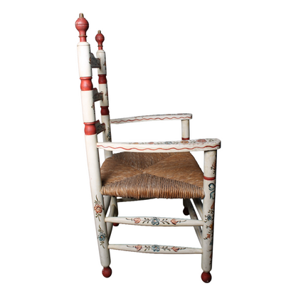 Pair of Hand-Painted Ladderback Armchairs with Rush Seats, Mid-20th Century