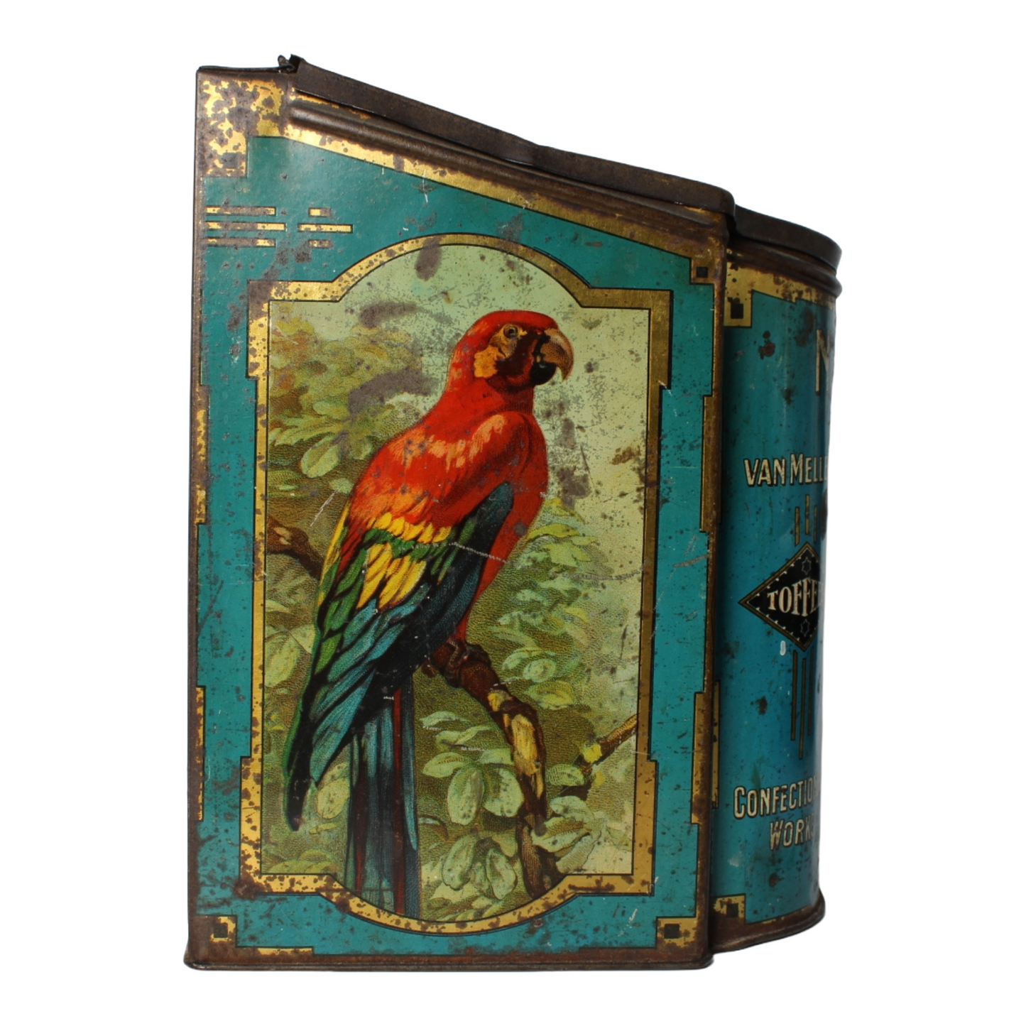 Zeldzaam antiek Van Melle reclameblik met exotische vogels – Breskens ca. 1920