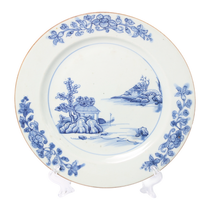 Oval Blue and White Porcelain Plate with Landscape Decoration – 19th Century