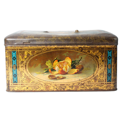 Antique Tin Container with Fruit Still Life Decoration, c. 1890–1910