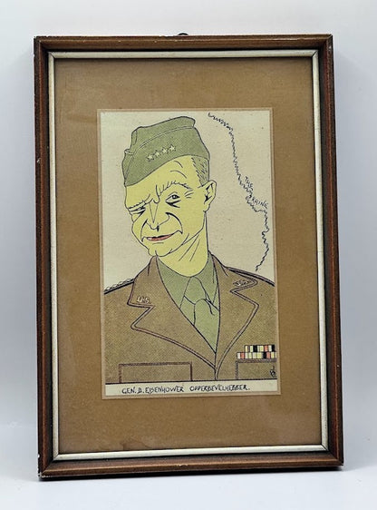 WWII Memorabilia - Framed Dutch Cartoon of General Eisenhower Wall Art - WO2 - Tweede Wereldoorlog - Gratis Verzending - Schilderij