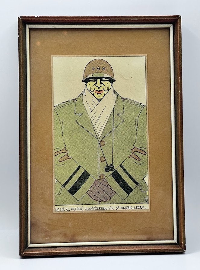 WWII Memorabilia - Framed Dutch Cartoon of General Patton - Wall Art - WO2 - Tweede Wereldoorlog - Gratis Verzending - Tekening - Schilderij