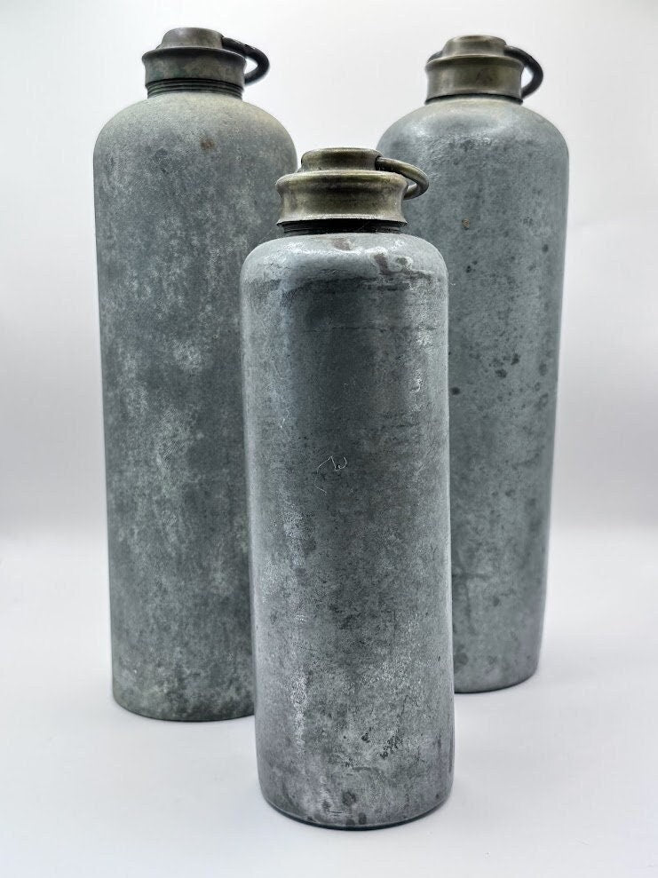 Authentic Set of 3 Vintage Hot Water Bottles / Bed Heaters made of Galvanized Iron - 1940s / 1950s - Antique - Free Shipping