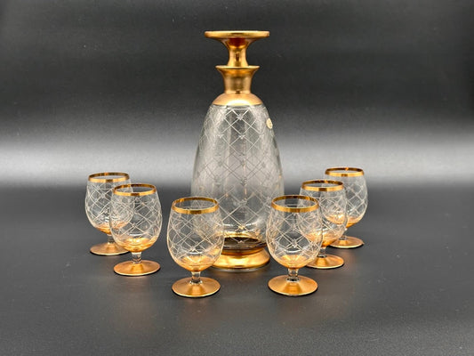 Luxe goudkleurig, gegraveerd, compleet Likeurset - jaren '30 - Vintage - Antiek - HomeDecor - Glaswerk - Chique - Luxe - Lifestyle - Likeur