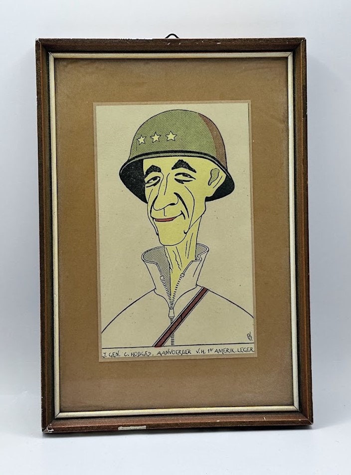 WWII Memorabilia - Framed Dutch Cartoon of General Hodges Wall Art - WO2 - Tweede Wereldoorlog - Gratis Verzending - Tekening - Schilderij