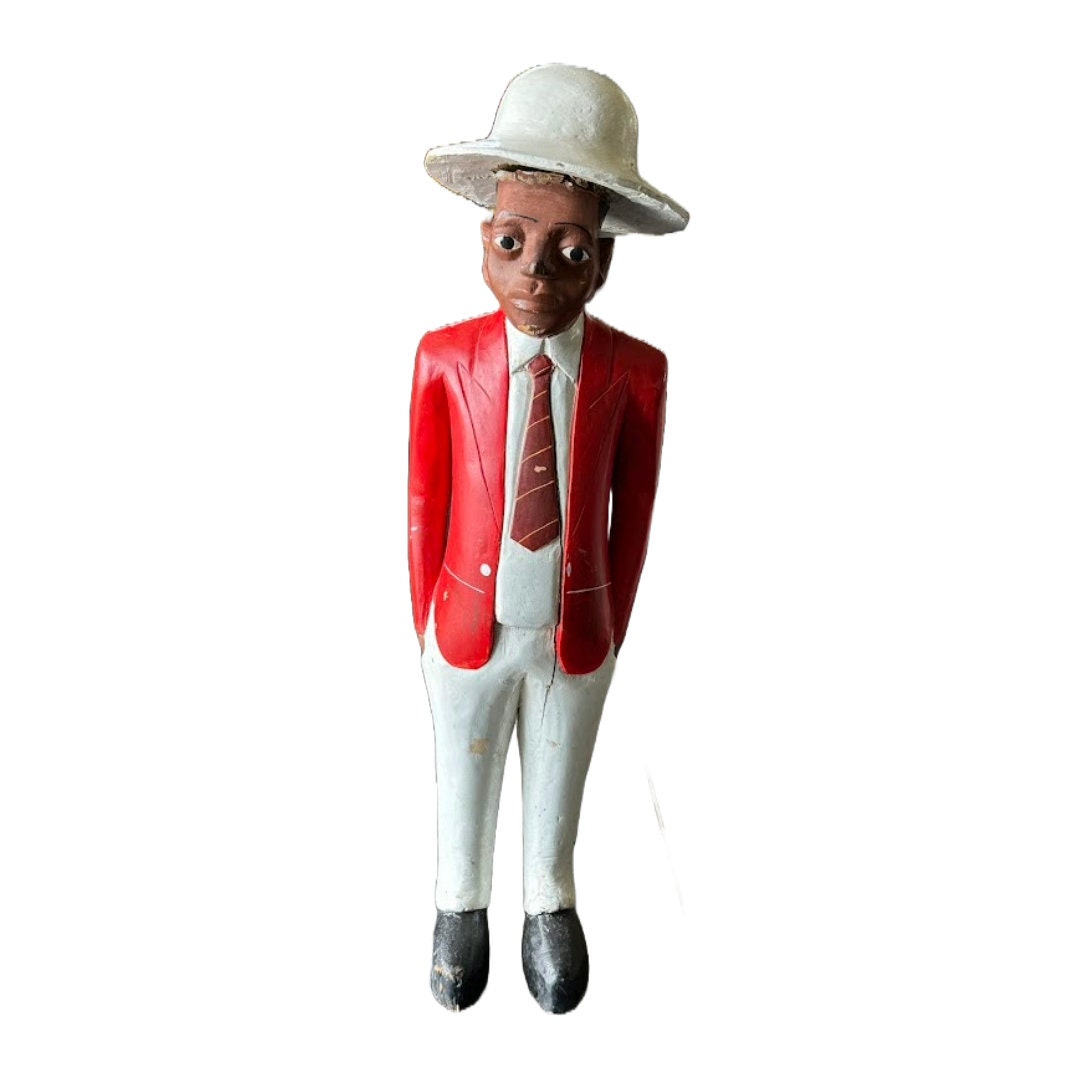 Colonial Wood Carving 115 cm -45.3 inches - Black man in Colonial clothing - Congo Man - 1920's - Hand-painted - Vintage