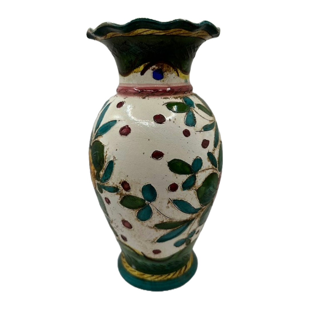 Prachtige Kleurrijke Dipinto a Mano Vaas uit de Jaren 40 - Vintage Italiaanse Schoonheid!