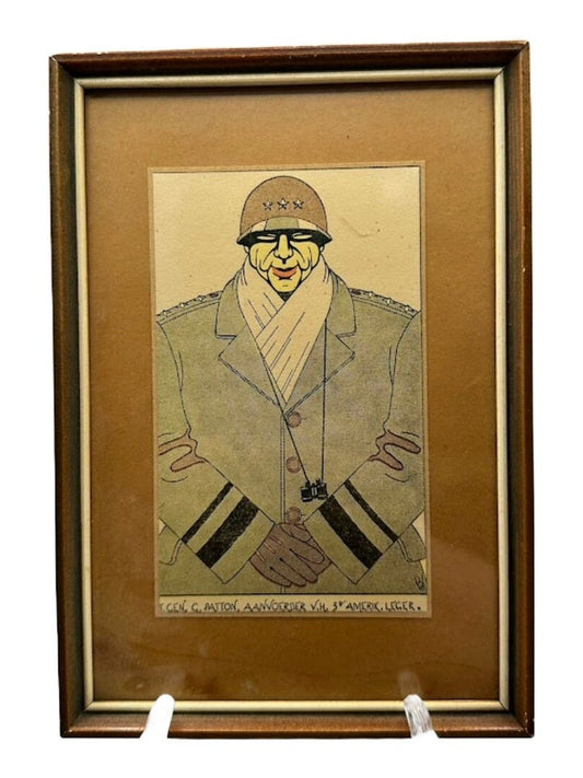 WWII Memorabilia - Framed Dutch Cartoon of General Patton - Wall Art - WO2 - Tweede Wereldoorlog - Gratis Verzending - Tekening - Schilderij