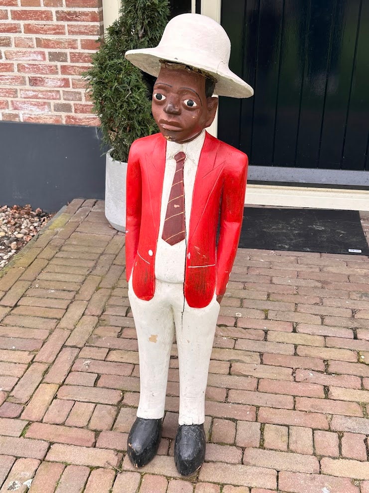 Colonial Wood Carving 115 cm -45.3 inches - Black man in Colonial clothing - Congo Man - 1920's - Hand-painted - Vintage