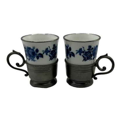 Charmante Delftsblauwe Kopjes met Edeltin Inzet - Een Vleugje Nederlandse Elegantie! - Cadeau voor Moeder - Moms gift