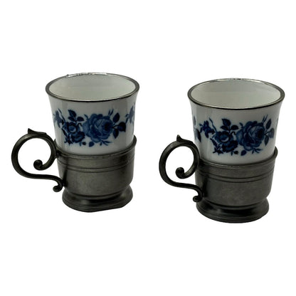 Charmante Delftsblauwe Kopjes met Edeltin Inzet - Een Vleugje Nederlandse Elegantie! - Cadeau voor Moeder - Moms gift