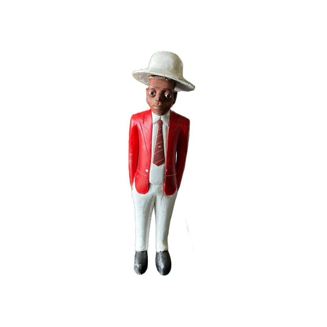 Colonial Wood Carving 115 cm -45.3 inches - Black man in Colonial clothing - Congo Man - 1920's - Hand-painted - Vintage