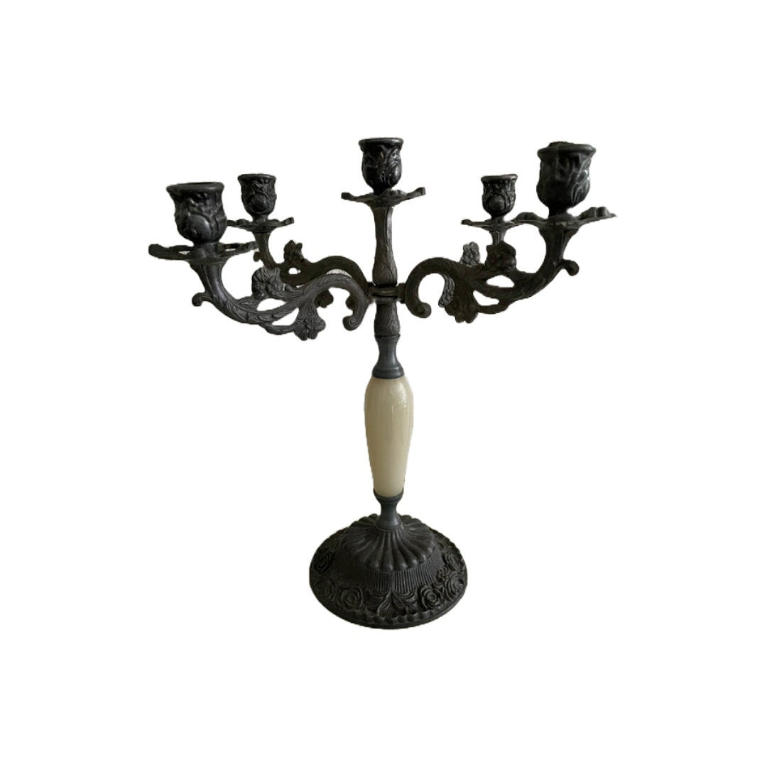Antieke Bronzen Vier-armige Kandelaar met Parelmoeren Handvat - Tijdloos Elegante Verlichting