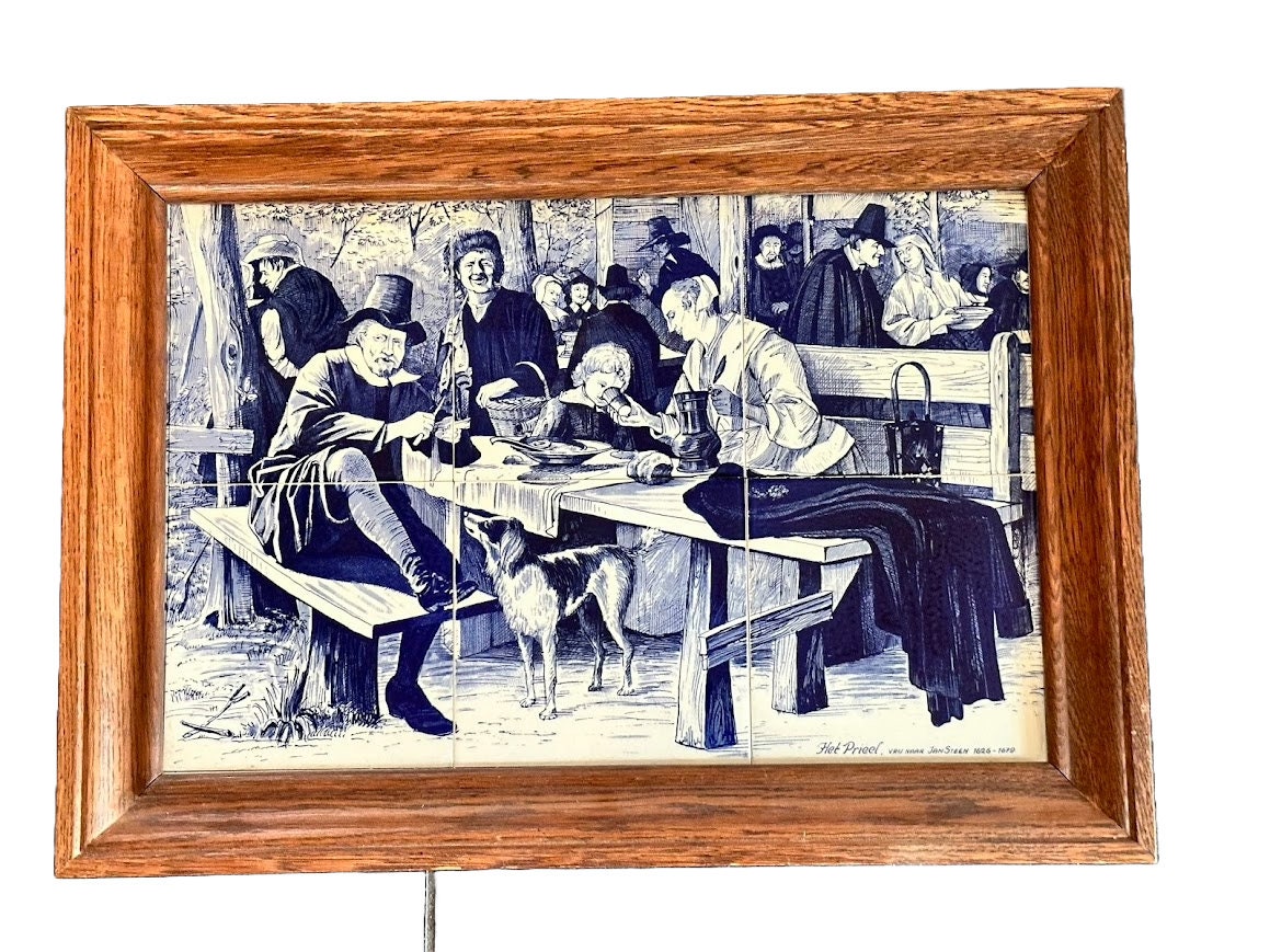 Prachtige zesdelige Delfts Blauwe Tegelmontage - Geïnspireerd door Jan Steen