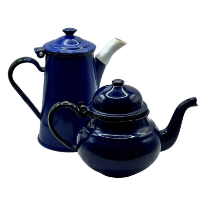 A beautiful set of blue enamel teapots (1930s - Vintage) - Eye-catcher - Made in the Netherlands - Antique - Free Shipping