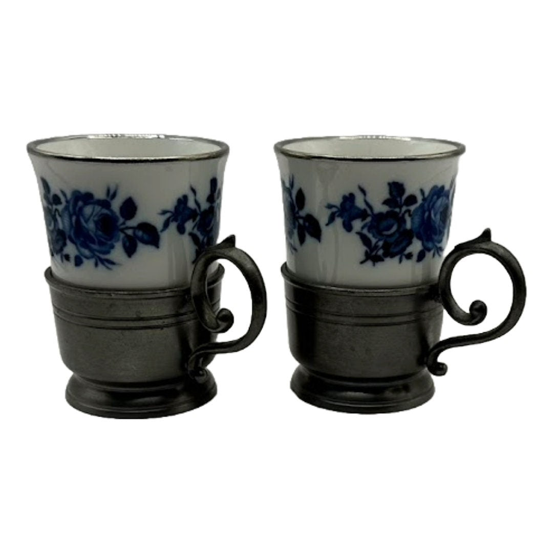 Charmante Delftsblauwe Kopjes met Edeltin Inzet - Een Vleugje Nederlandse Elegantie! - Cadeau voor Moeder - Moms gift