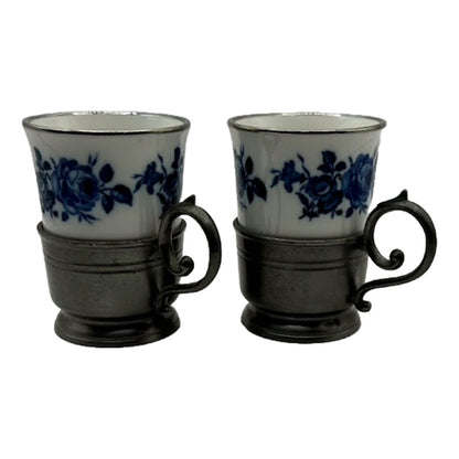 Charmante Delftsblauwe Kopjes met Edeltin Inzet - Een Vleugje Nederlandse Elegantie! - Cadeau voor Moeder - Moms gift