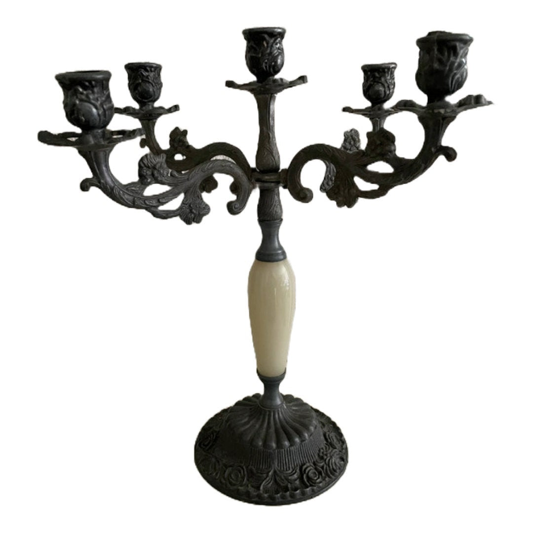 Antieke Bronzen Vier-armige Kandelaar met Parelmoeren Handvat - Tijdloos Elegante Verlichting
