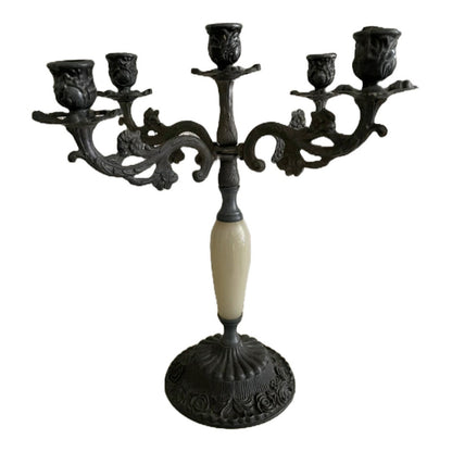 Antieke Bronzen Vier-armige Kandelaar met Parelmoeren Handvat - Tijdloos Elegante Verlichting