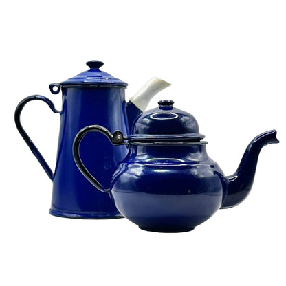 A beautiful set of blue enamel teapots (1930s - Vintage) - Eye-catcher - Made in the Netherlands - Antique - Free Shipping