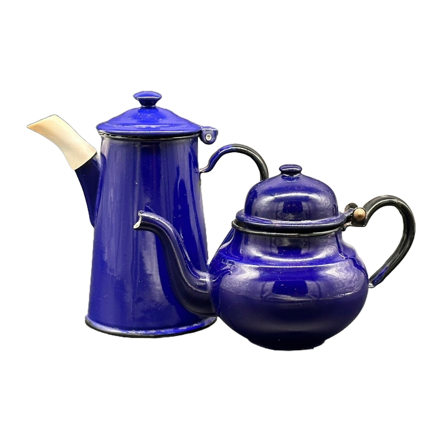 A beautiful set of blue enamel teapots (1930s - Vintage) - Eye-catcher - Made in the Netherlands - Antique - Free Shipping
