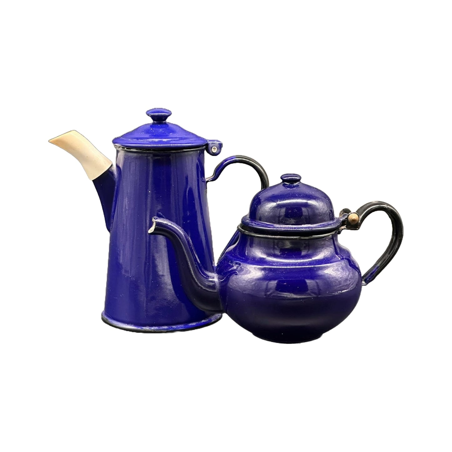 A beautiful set of blue enamel teapots (1930s - Vintage) - Eye-catcher - Made in the Netherlands - Antique - Free Shipping