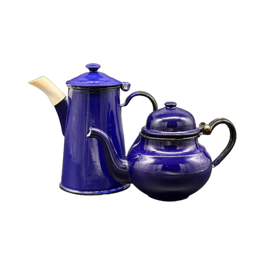 Een prachtige set blauwe emaille theepotten (jaren 1930 - Vintage) - Blikvanger - Gemaakt in Nederland - Antiek - Gratis Verzending