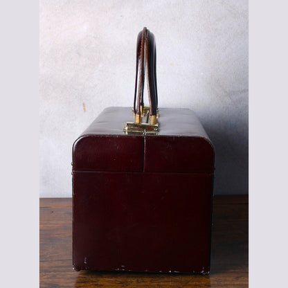 Vintage French Leather Box Shaped Handbag - Red Brown Leather - 70s - Free Shipping - Beauty Case - Suitcase - Briefcase - Stylish