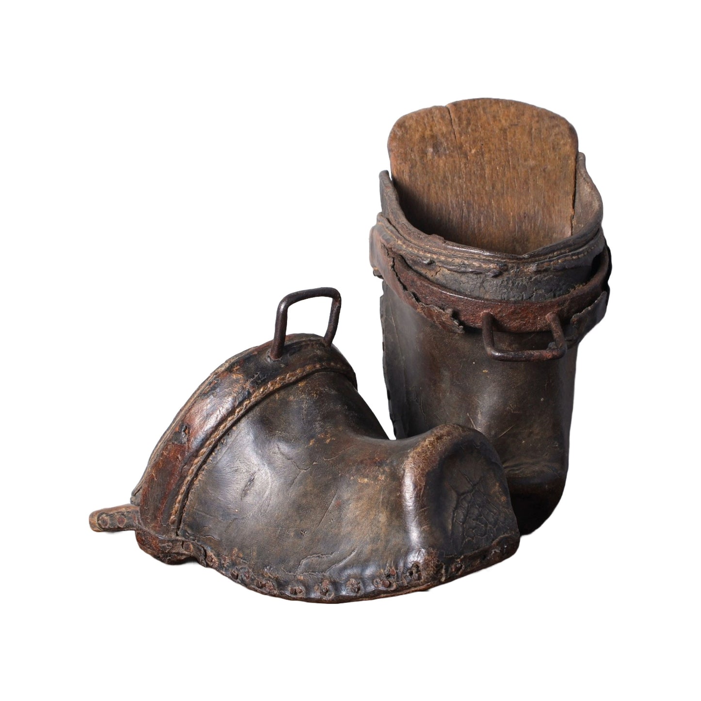 Antique Spanish Castilian Stirrups - Circa 1850, Wood, Leather & Metal - Free Shipping - Home Decoration - Equestrian