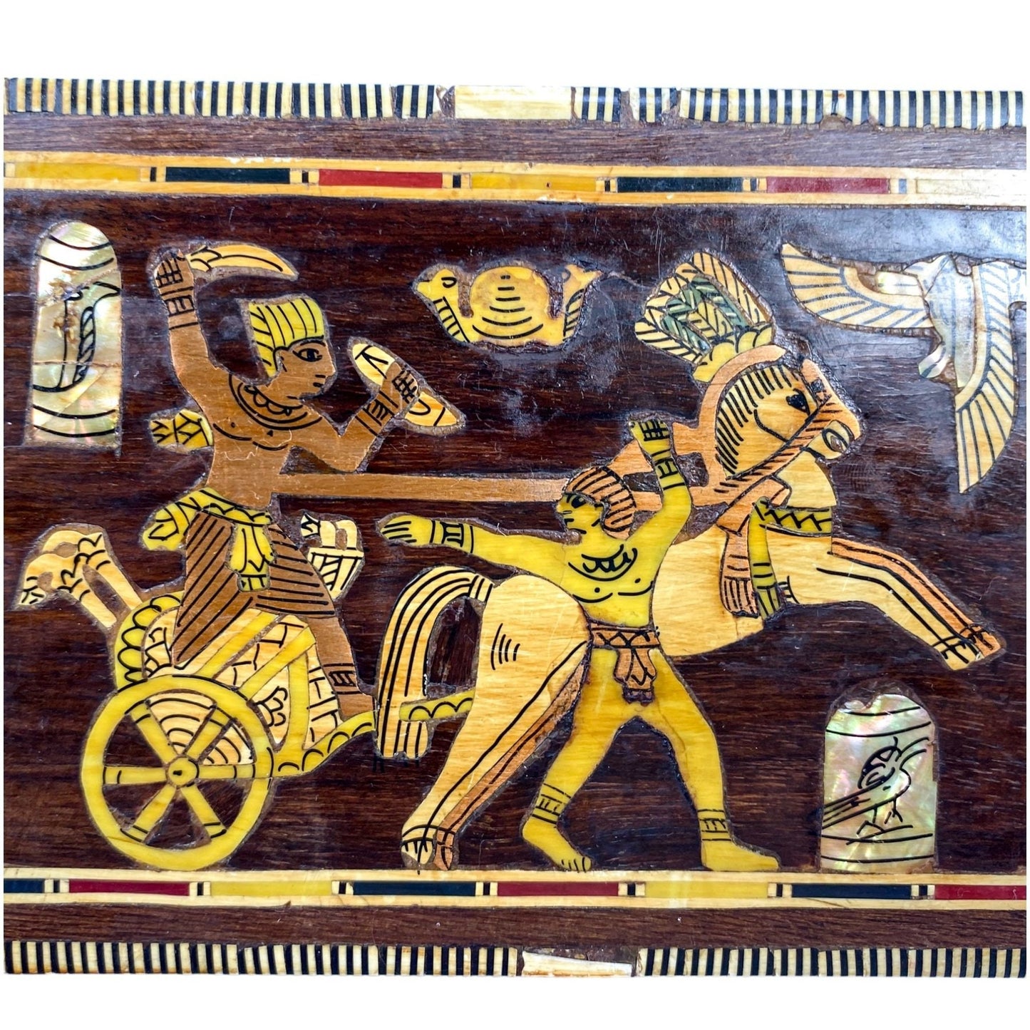 Egyptische Ingelegde Doos met Wagenmenner en Parelmoeren Vogel en Slang - Gratis verzending - Kunst - Antiek kistje - Vintage