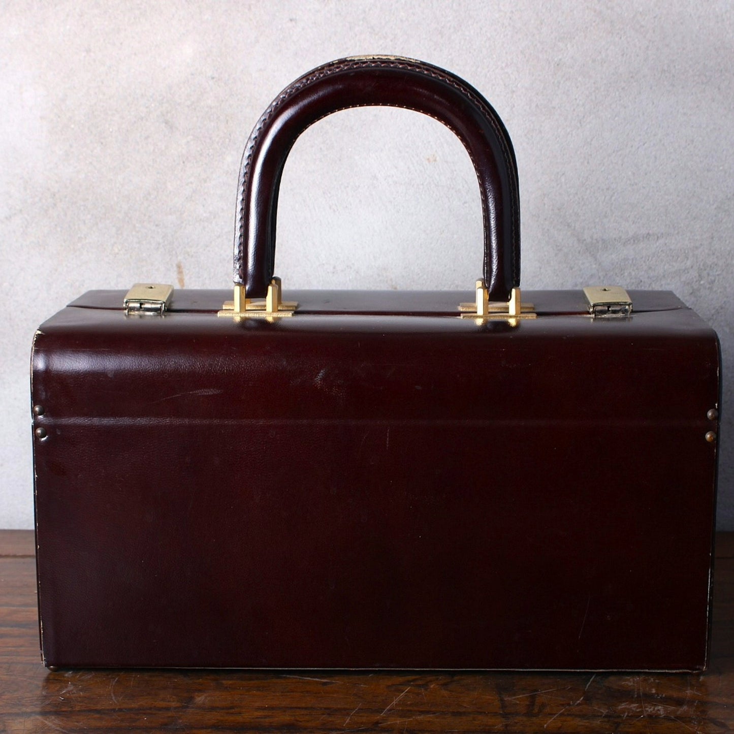 Vintage French Leather Box Shaped Handbag - Red Brown Leather - 70s - Free Shipping - Beauty Case - Suitcase - Briefcase - Stylish