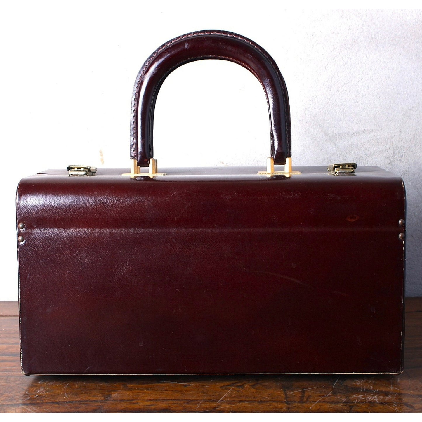 Vintage French Leather Box Shaped Handbag - Red Brown Leather - 70s - Free Shipping - Beauty Case - Suitcase - Briefcase - Stylish