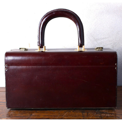 Vintage French Leather Box Shaped Handbag - Red Brown Leather - 70s - Free Shipping - Beauty Case - Suitcase - Briefcase - Stylish