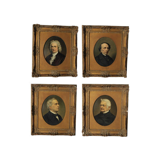 Set van 4 Europese Herenportretten - 19e Eeuw - Bach, Meyerbeer, Adolphe Thiers - Olieverf op Paneel