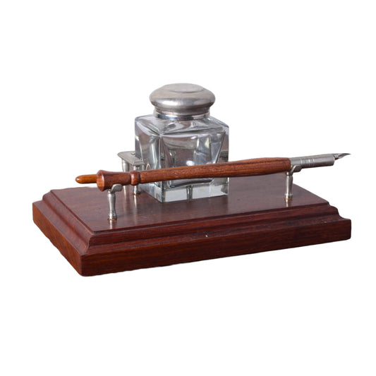 Vintage Nederlandse Houten Set: Kroontjespennen en Glazen Inktpot - Inktpennen - Gratis Verzending - Kantoor - Home decoration
