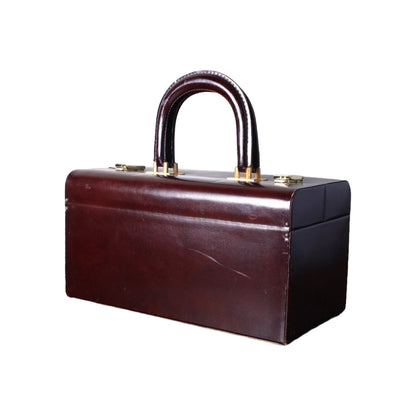 Vintage French Leather Box Shaped Handbag - Red Brown Leather - 70s - Free Shipping - Beauty Case - Suitcase - Briefcase - Stylish