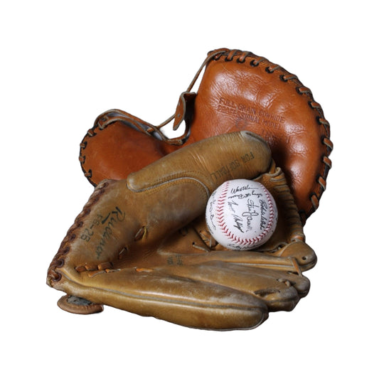 Vintage Amerikaanse Baseball Handschoenen Set met Gesigneerde Bal - Rucanor Handschoen - Gratis Verzending - Sport Memorabilia
