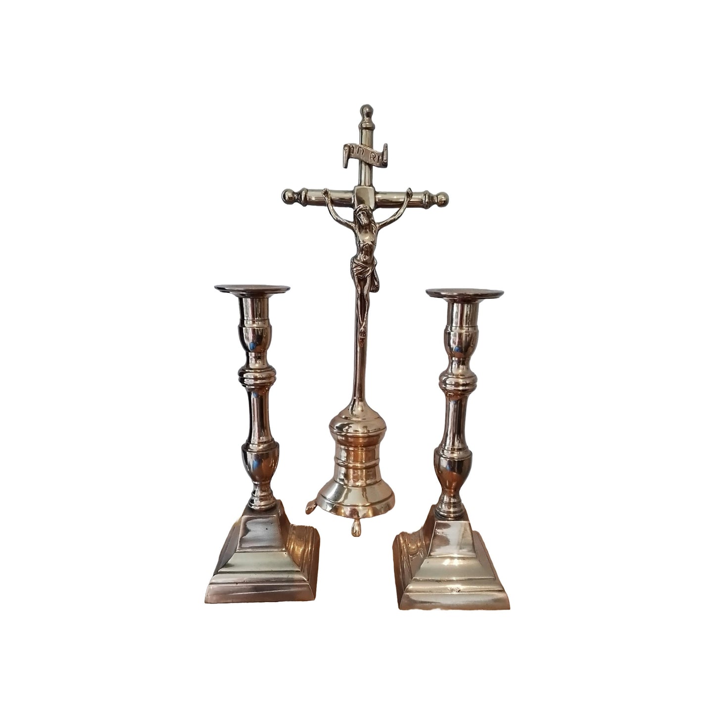 Beautiful Set of 2 Candlesticks and a Crucifix - Belgian Craft - Free Shipping - Jesus Christ - Religious art - vintage