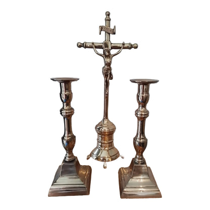 Beautiful Set of 2 Candlesticks and a Crucifix - Belgian Craft - Free Shipping - Jesus Christ - Religious art - vintage