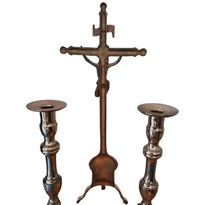 Beautiful Set of 2 Candlesticks and a Crucifix - Belgian Craft - Free Shipping - Jesus Christ - Religious art - vintage