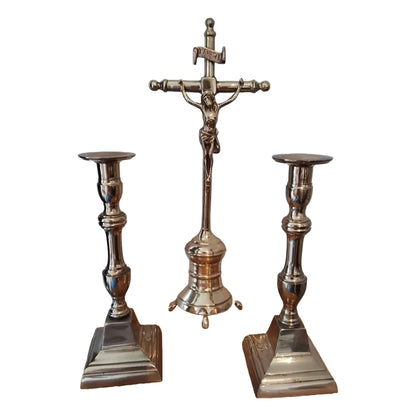 Beautiful Set of 2 Candlesticks and a Crucifix - Belgian Craft - Free Shipping - Jesus Christ - Religious art - vintage