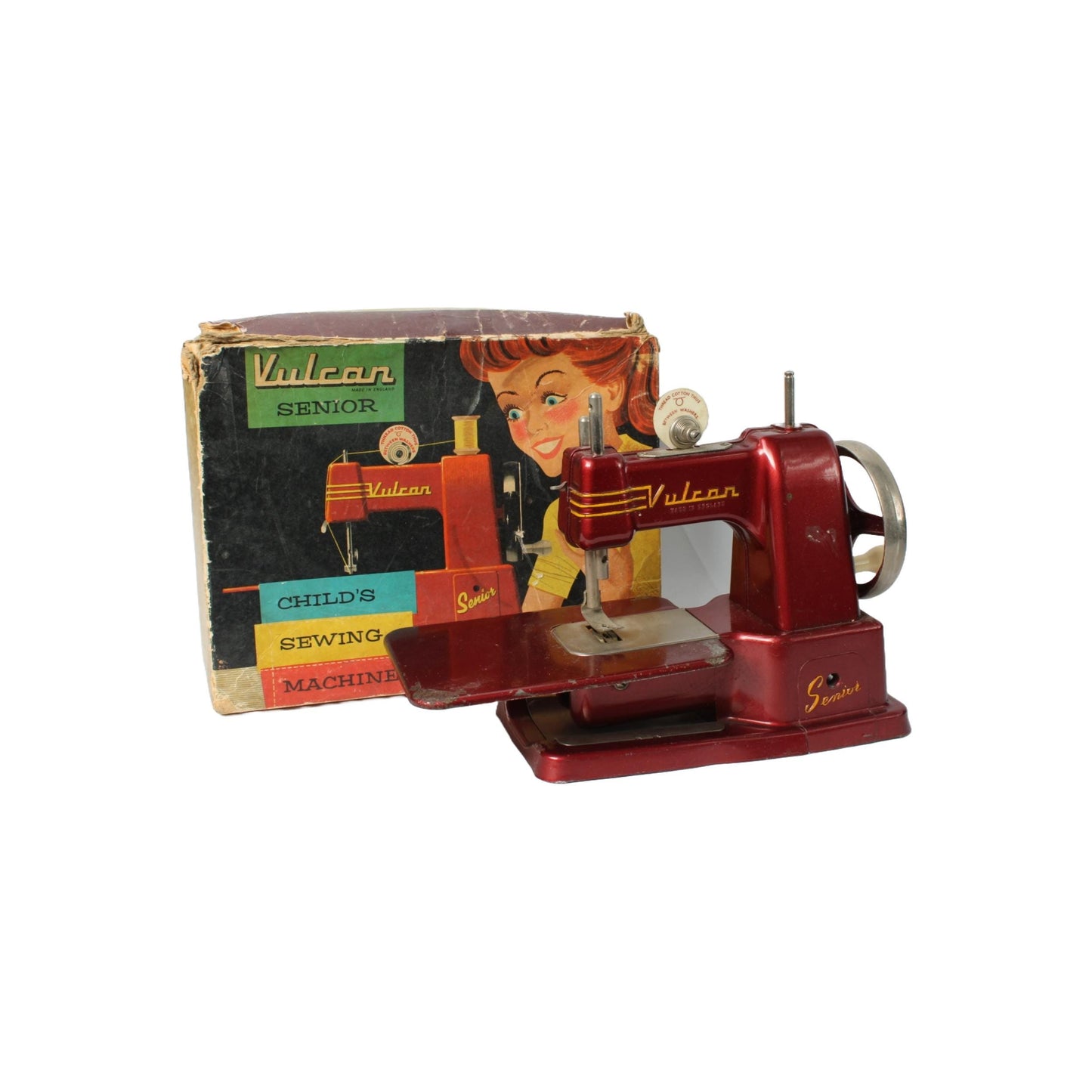 Vintage Vulcan Senior Child's Sewing Machine with Original Box - Collectible Miniature Metal Sewing Machine - 1950s Toy - Gratis Verzending