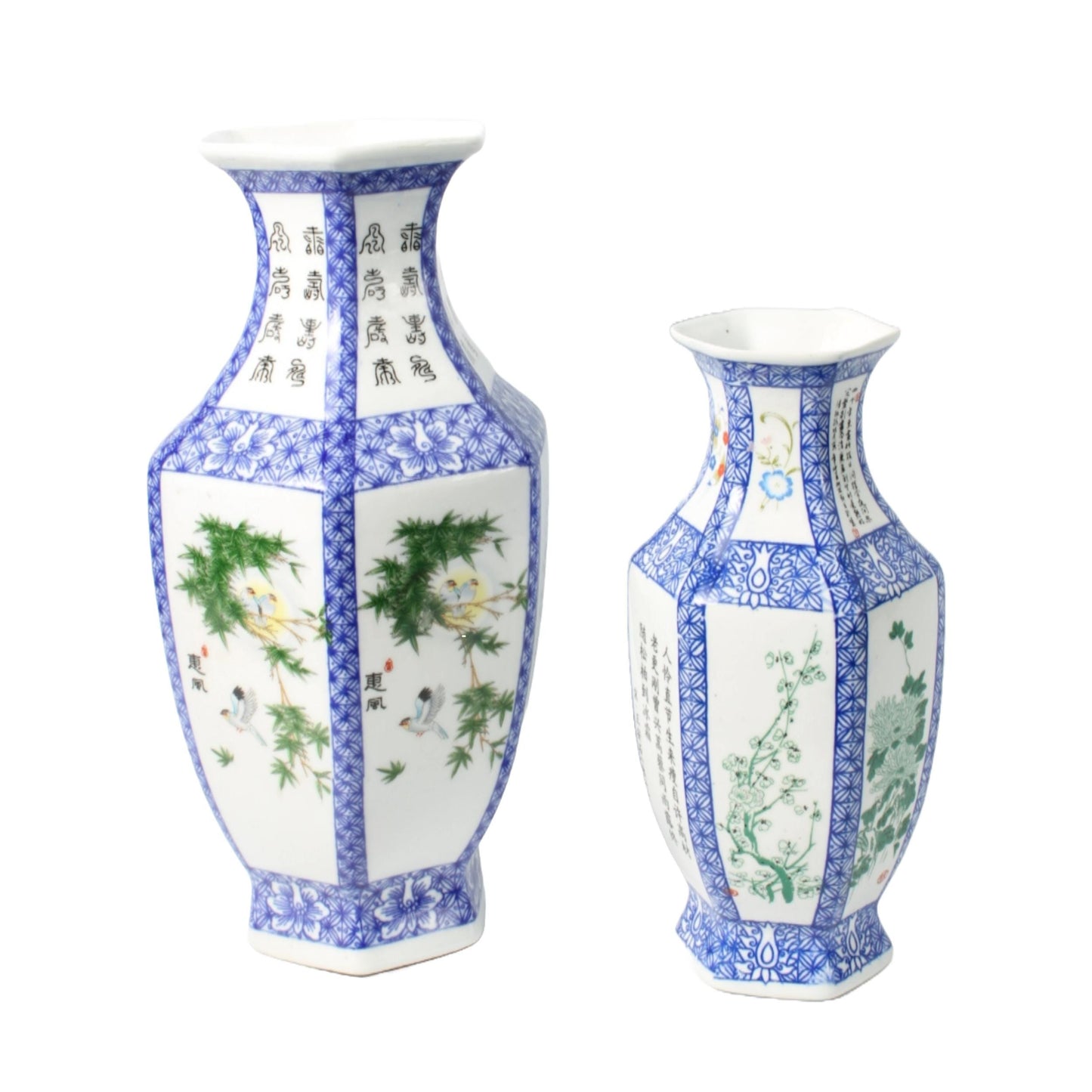Set of two Chinese porcelain vases - Beautiful Hand-painted Flowers and Poems - Free shipping - Home Decoration