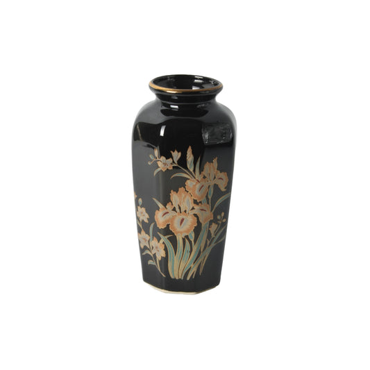 Vintage handgeschilderde Japanse vaas met florale irismotieven, zwart en gouden accenten, 1950-1980, decoratief kunstvoorwerp