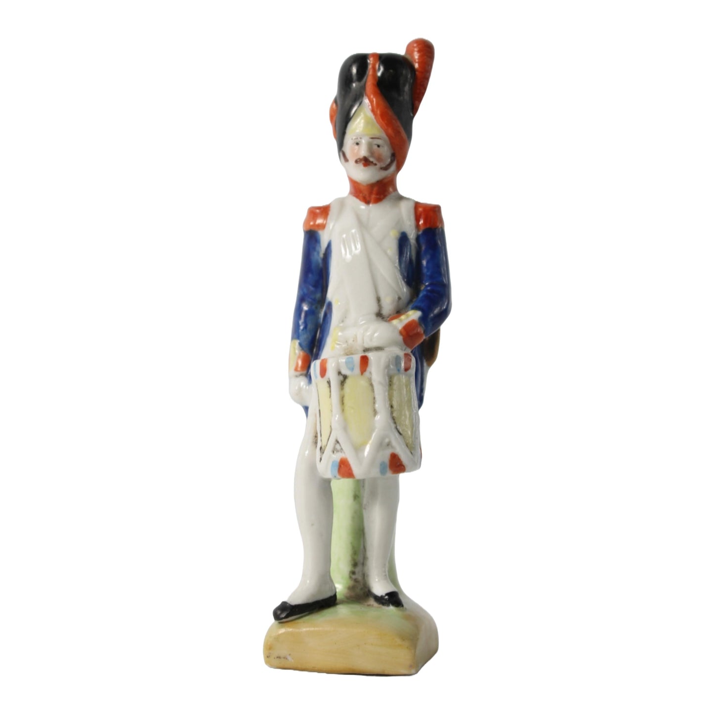 Vintage porseleinen beeldje van militaire trommelaar in Napoleontisch uniform - handbeschilderd, 1900-1930