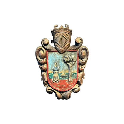 Handgemaakt Polychroom Houten Wapenschild, Circa 1860, Italiaans, Decoratief Wandpaneel met Symbolische Scène van Zeilboot en Boom