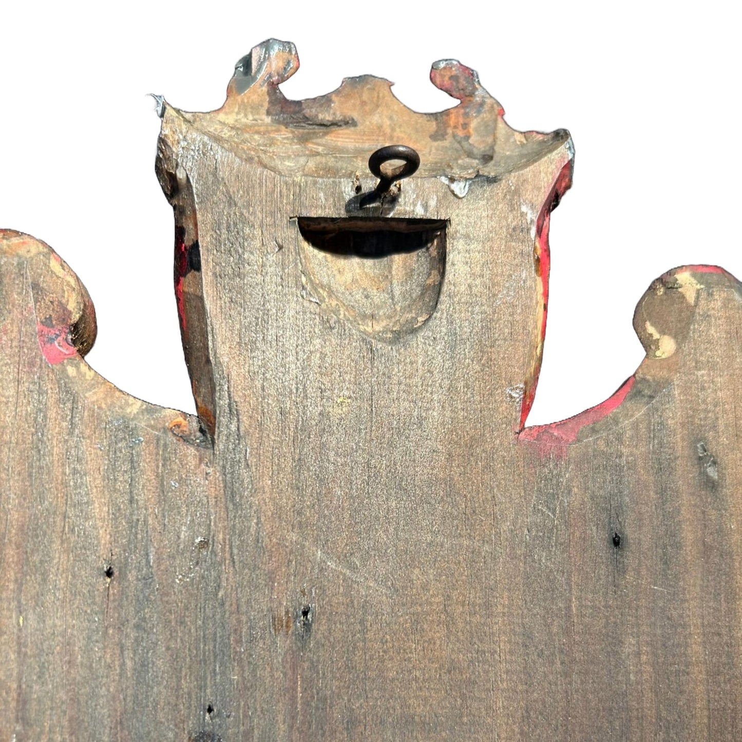 Handgemaakt Polychroom Houten Wapenschild, Circa 1860, Italiaans, Decoratief Wandpaneel met Symbolische Scène van Zeilboot en Boom